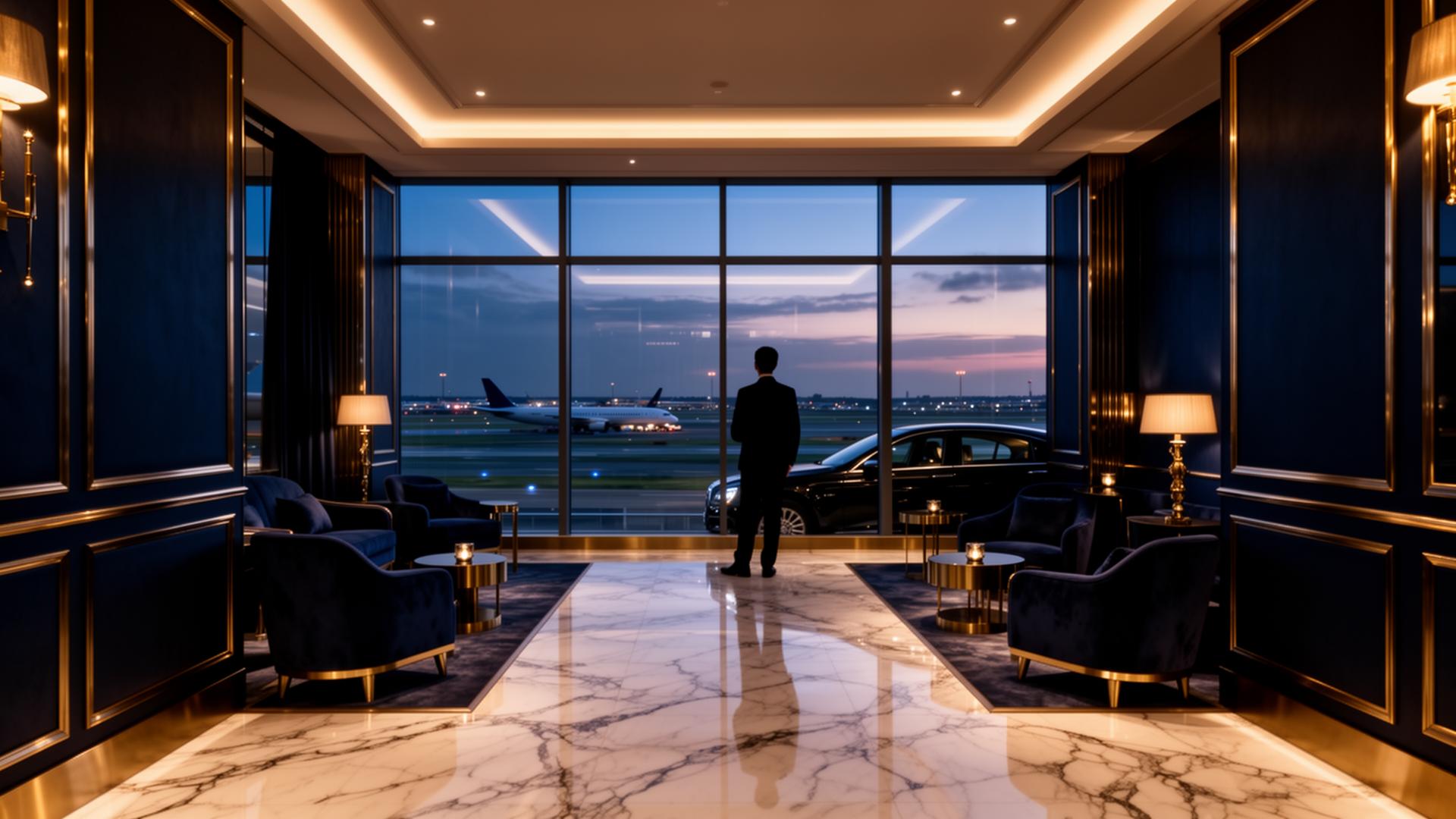 A private Heathrow VIP suite at dusk — calm, gold-lit, with a runway view.